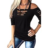 Cut Out Cold Shoulder Square Collar Shirt Women Lacerated 3/4 Sleeve Blouse Cut Out Sexy Hollow Out Casual Tee Tops