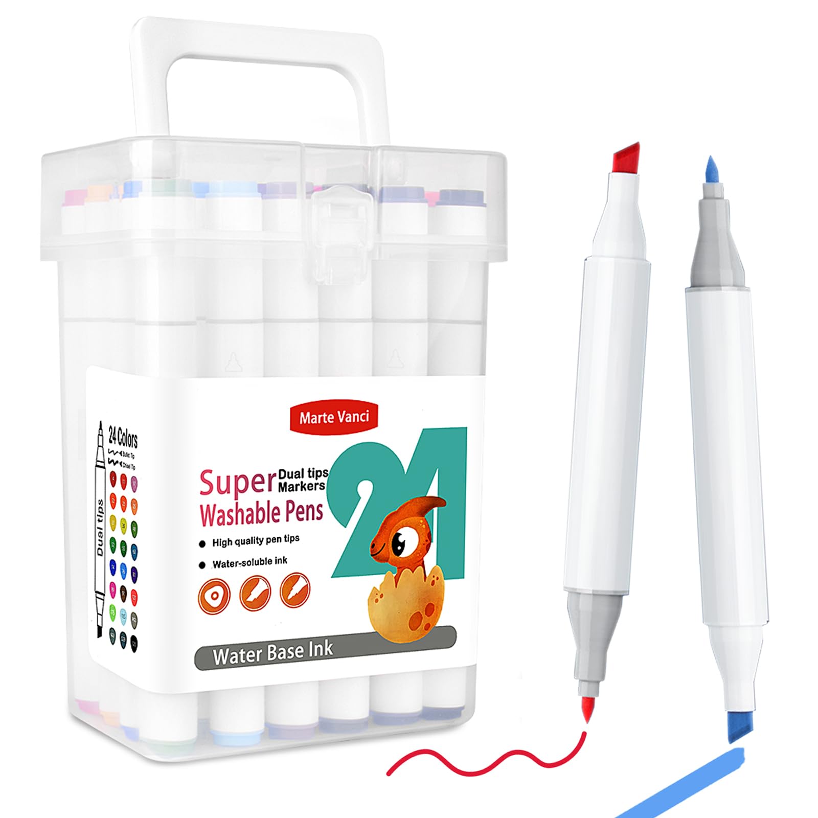 Marte Vanci Super Washable Felt Tip Pens for Children, Dual Tip Colouring Pens for Kids, Fine & Chisel Nib, 24 Colours Washable Marker Set Water-Based with Carry Case for Colouring Books Drawing Gift — image 1
