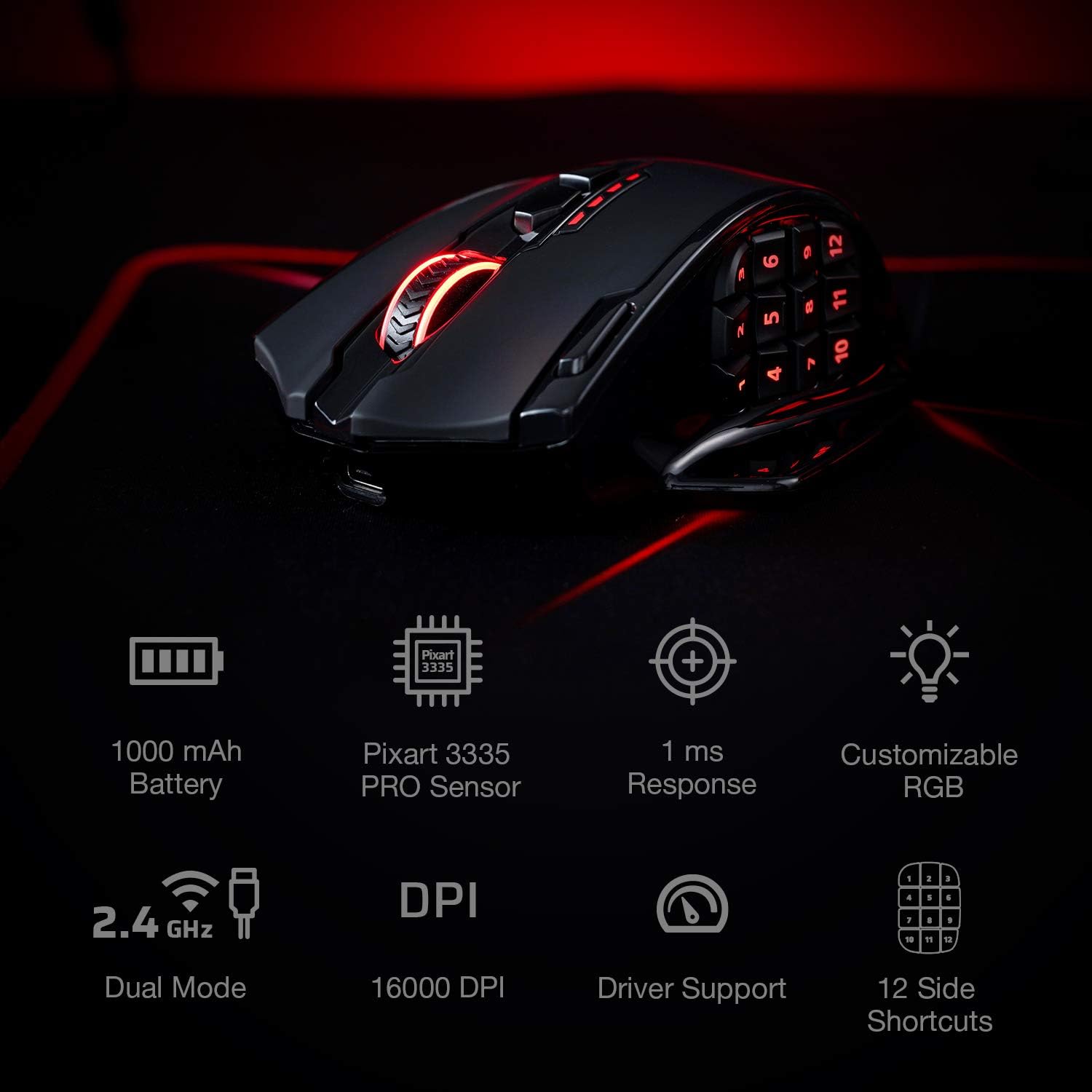 Redragon M913 Impact Elite Wireless Gaming Mouse, 16000 DPI Wired/Wireless RGB Gamer Mouse with 16 Programmable Buttons - Image 4