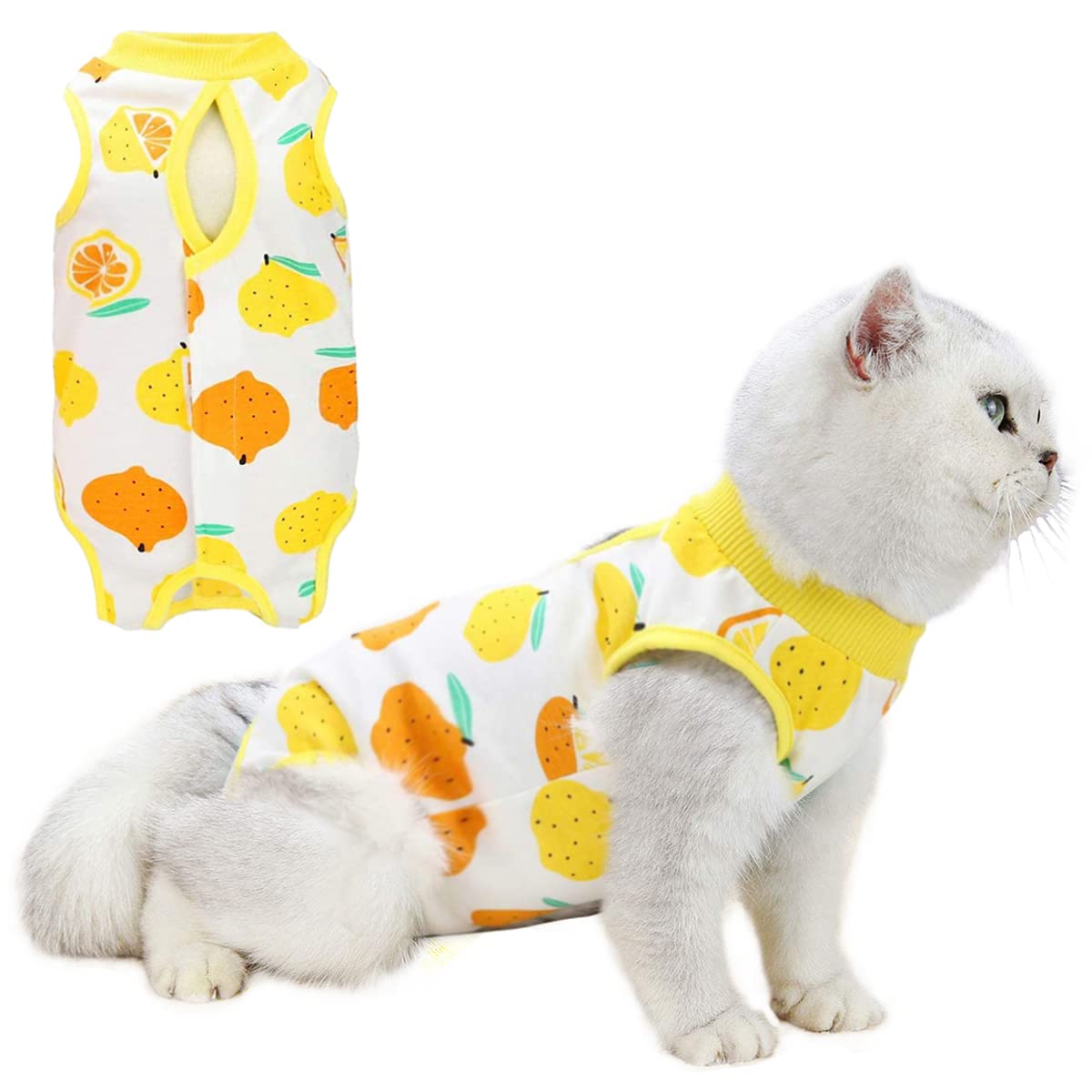 Cat Professional Surgery Recovery E-Collar Alternative, Cotton Breathable Sterilization Suit for Abdominal Wounds, Pajama for Kitten Anti-Biting Licking - Lemon/S(3-5 lbs)