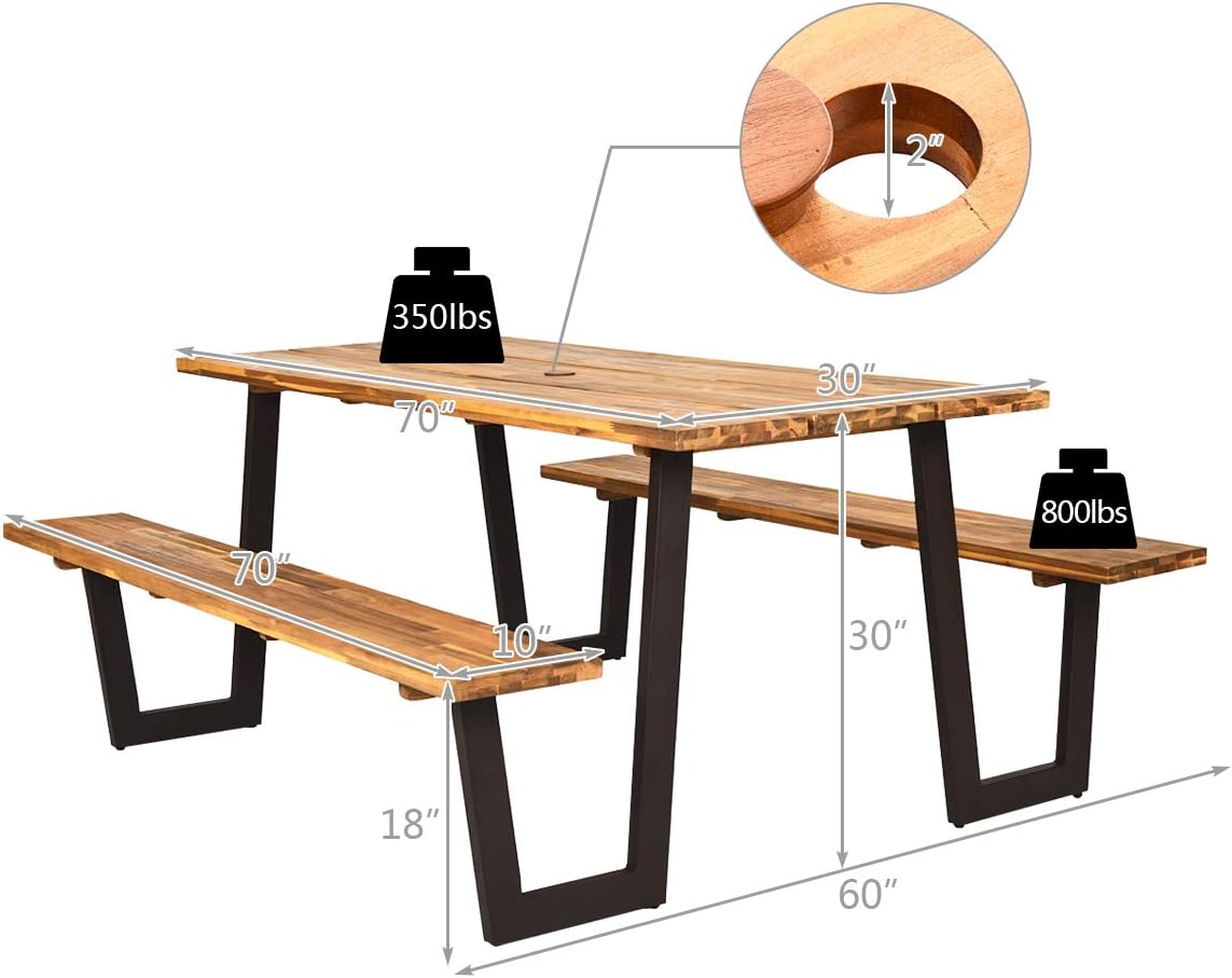 Giantex Picnic Table Bench Set with Umbrella Hole, Outdoor Dining Table Set, 70” Acacia Wood Picnic Beer Table with Metal Frame (Natural & Black): Kitchen & Dining
