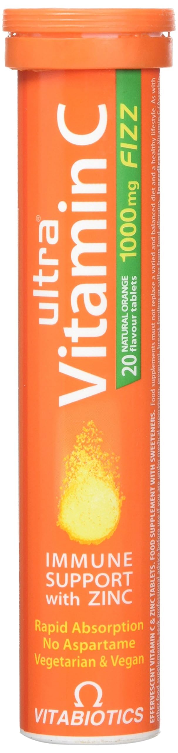 Vitabiotics Ultra Vitamin C Effervescent, Dissolvable with Zinc, Orange Flavour, 20 Tablets, Pack of 1