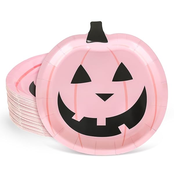 JARTHENAAMCS 40PCS HALLOWEEN PAPER PLATES PINK PUMPKIN FACE DISPOSABLE PLATES 9 INCH CUTE CARTOON PUMPKIN DECORATIVE PLATES FOR HALLOWEEN BIRTHDAY BABY SHOWER TABLE DECOR PARTY SUPPLIES