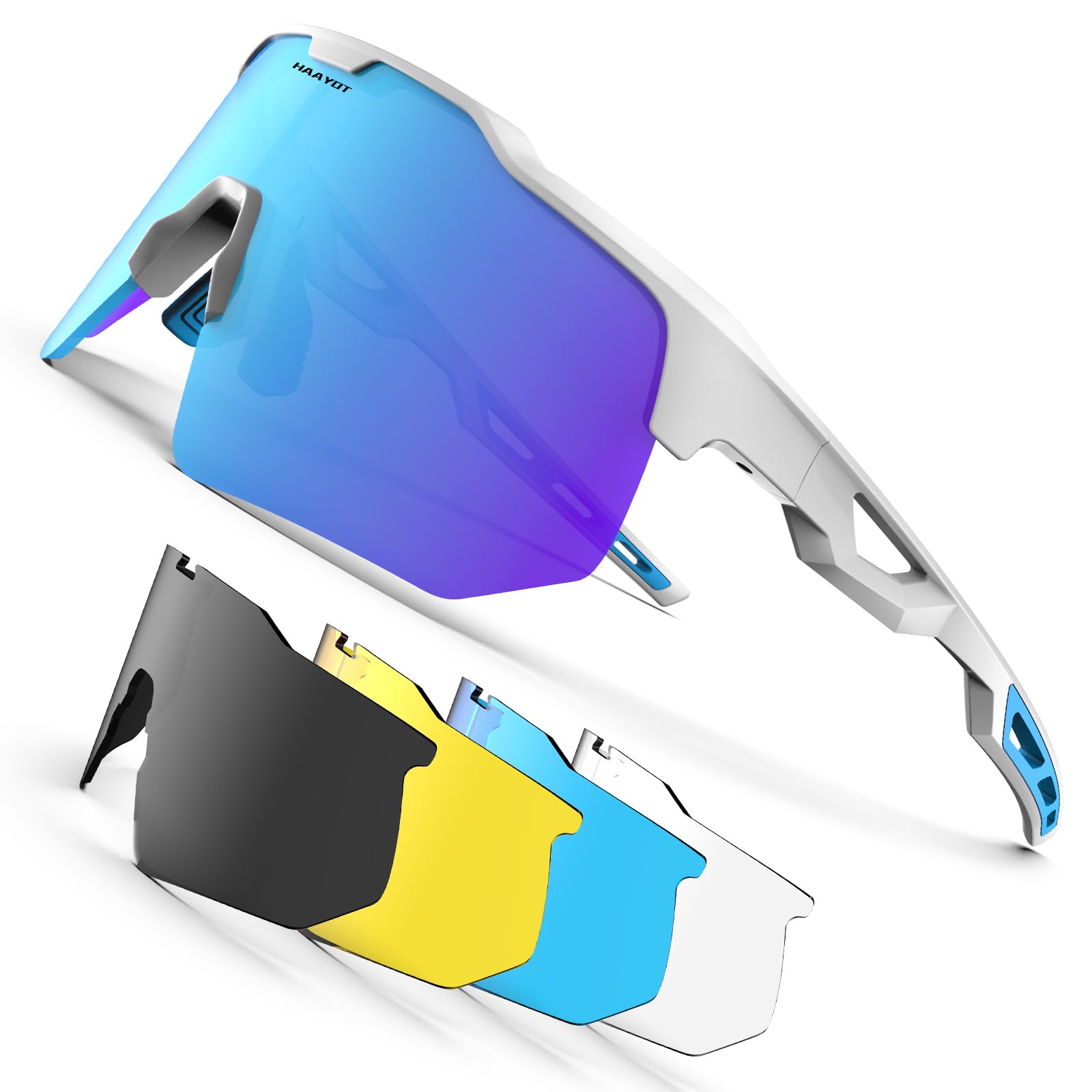 [HAAYOT] 偏光サイクリンググラス メンズ レディース ロードバイク スポーツサングラス 5枚レンズ TR90 フレーム マウンテンバイクグラス MTB ゴーグル ランニング フィッシング ハイキング ホワイト＆アイスブルー商品画像
