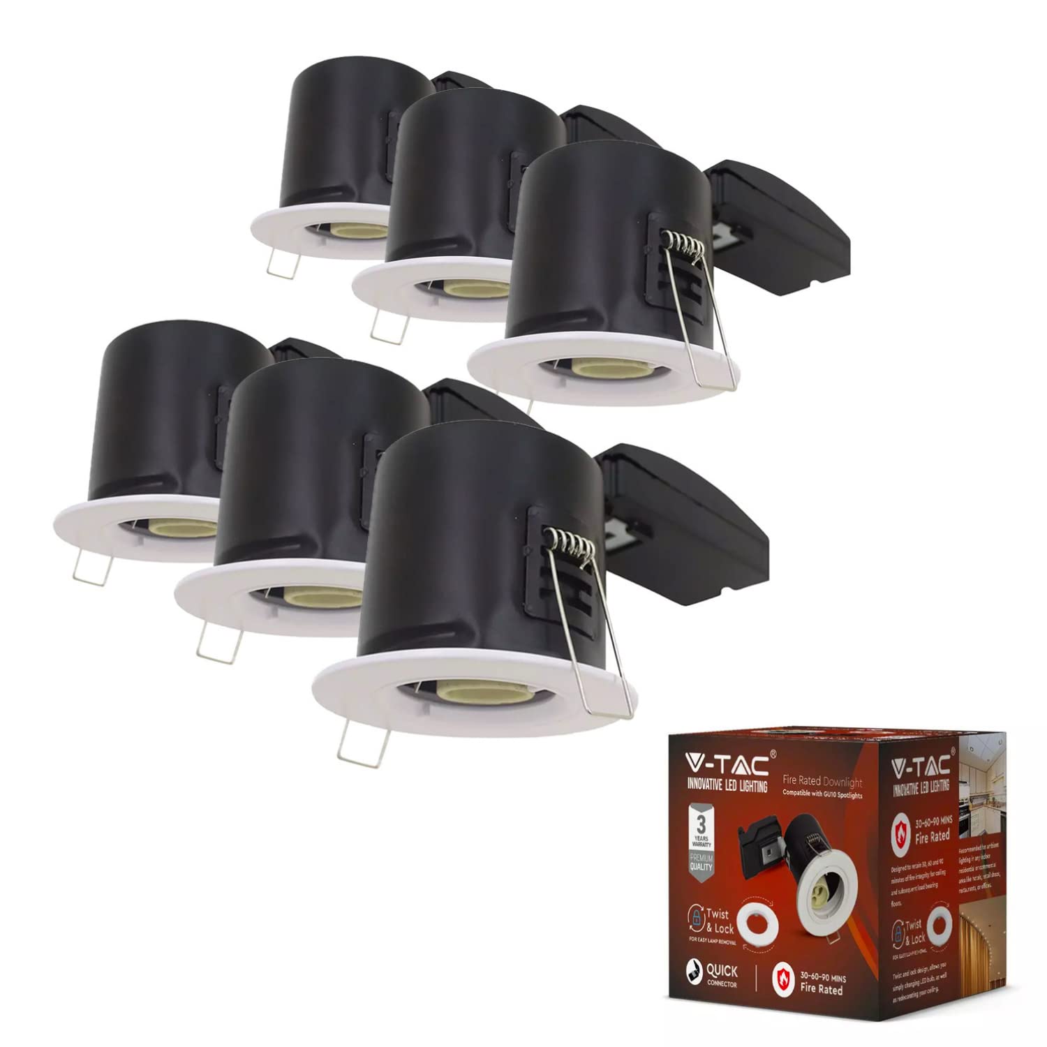 V-TAC Downlights for Ceiling Fire Rated Fitting for LED Downlights | IP20 Fire Rated Downlight Recessed GU10 Fitting ø75mm Cutout Size [Pack of 6] White
