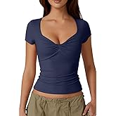 QINSEN Women's Sexy Twist Front V Neck T Shirts Double Lined Short Sleeve Slim Fit Crop Top Trendy Y2K Tops Tee