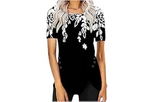 DOVFORD Tunic Tops for Women Loose Fit Dressy Short Sleeve Blouse Casual Floral Print T Shirt Summer Trendy Irregular Hem Tee