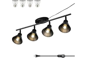 VIVIHOBB Black 4 Light Plug in Ceiling Light Fixture,Modern Plug in Track Lighting,16.4ft Cord with Timer & Dimming Switch,3 Way Ceiling Spot Lighting,Flexibly Rotatable Light Head，Dimmable LED Bulbs Included