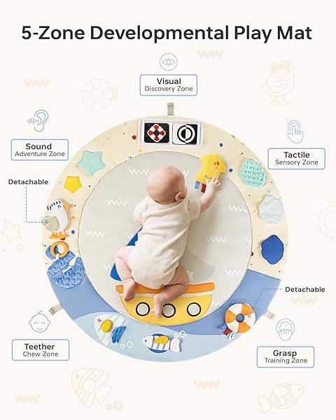 BG-BABYGO BABY PLAY GYM ACTIVITY MAT, 5 DEVELOPMENTAL ZONES WOODEN TUMMY TIME MAT WITH 7 DETACHABLE SENSORY TOYS FOR MOTOR SKILLS & SENSORY DEVELOPMENT, BABY ESSENTIALS SHOWER GIFT, EASY TO INSTALL