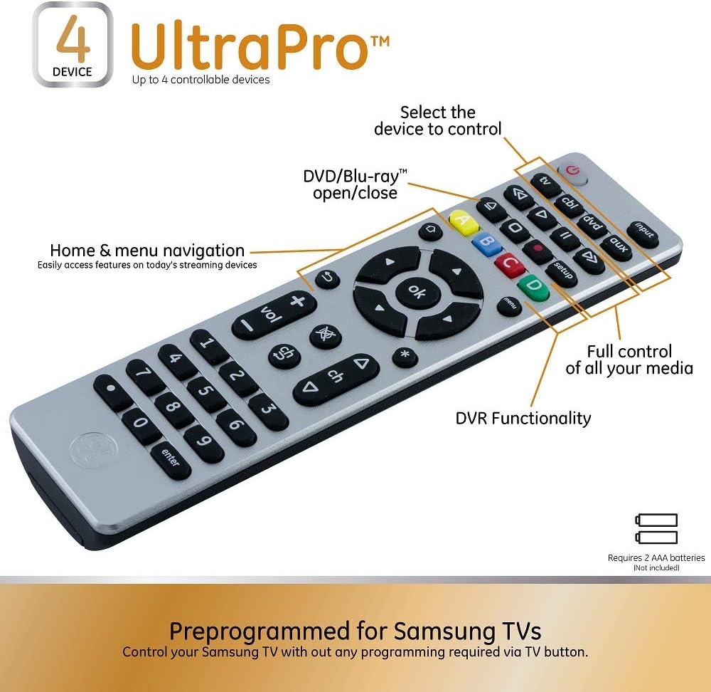 GE Universal Remote Control for Samsung, Vizio, LG, Sony, Sharp, Roku, Apple TV, RCA, Panasonic, Smart TVs, Streaming Players, Blu-ray, DVD, 4-Device, Silver, 33709: Electronics