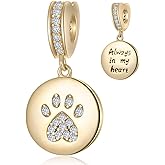 GEMDAZZ Sparkling Puppy Paw Print Charms in 925 Sterling Silver, Pave Dog Pawprint CZ Round Beads and Always in My Heart Charms, Gift for Animal Lover, fit European Women Bracelet/Necklace
