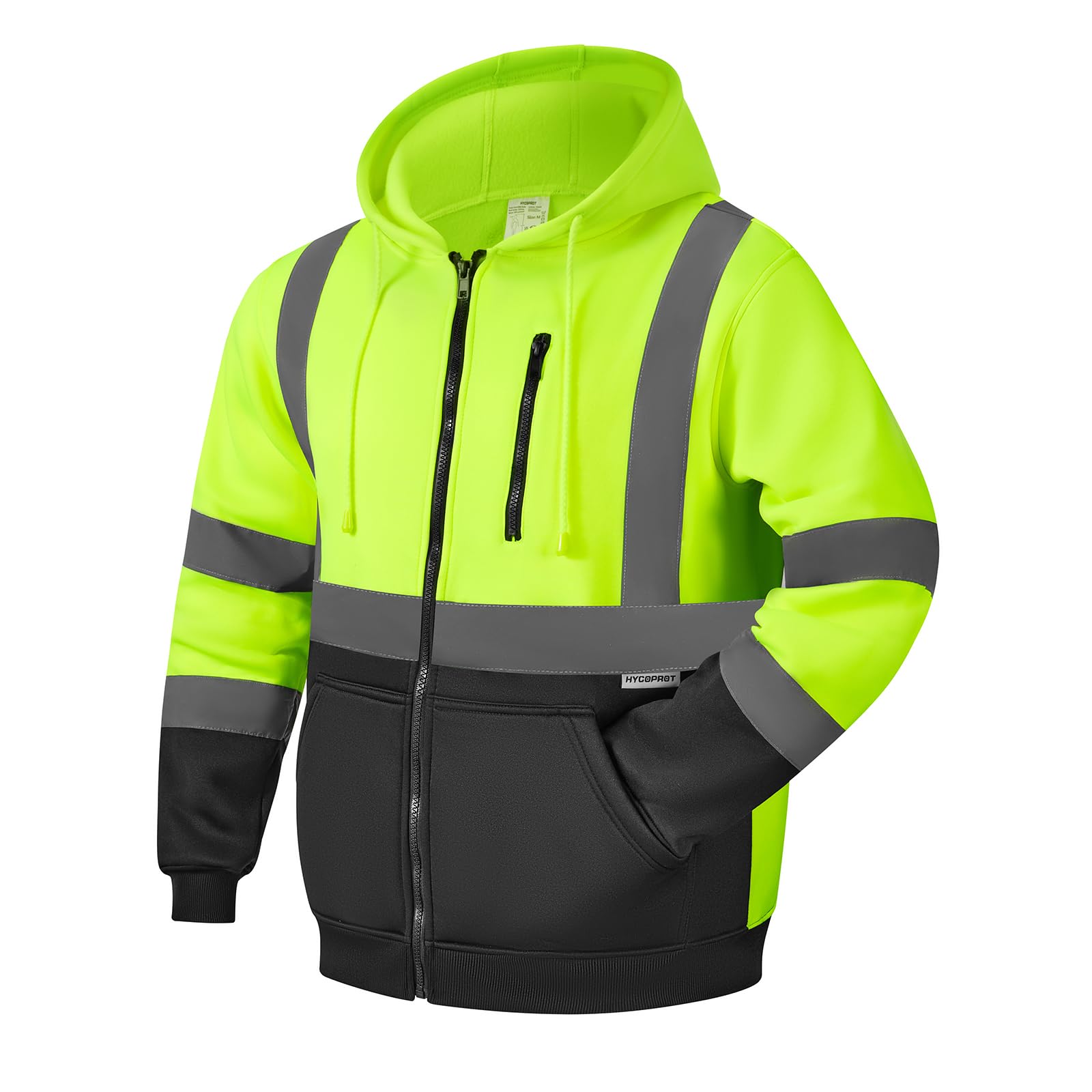 Photo 1 of ***NEEDS CLEANING*HAIR AND FABRIC PULLS***HYCOPROT High Visibility Safety Hoodie Hi Vis Safety Sweatshirts with Zipper Fleece Reflective Work Jacket with Black Bottom Winter Construction Hoodies Waterproof Rain Coat for Men Women ANSI Class 3***NEEDS CLEA