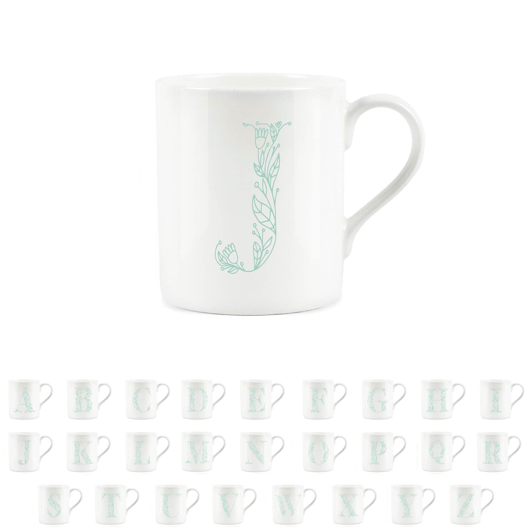 Purely Home Floral Green Letter J Mug - Fine Bone China Small Coffee Tea Mug Present Personalised Initial Gift
