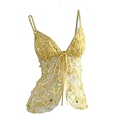 SHENHE Women's Y2k Floral Sequin Cami Top Mesh Sheer Tie Front V Neck Summer Y2k Tank Top