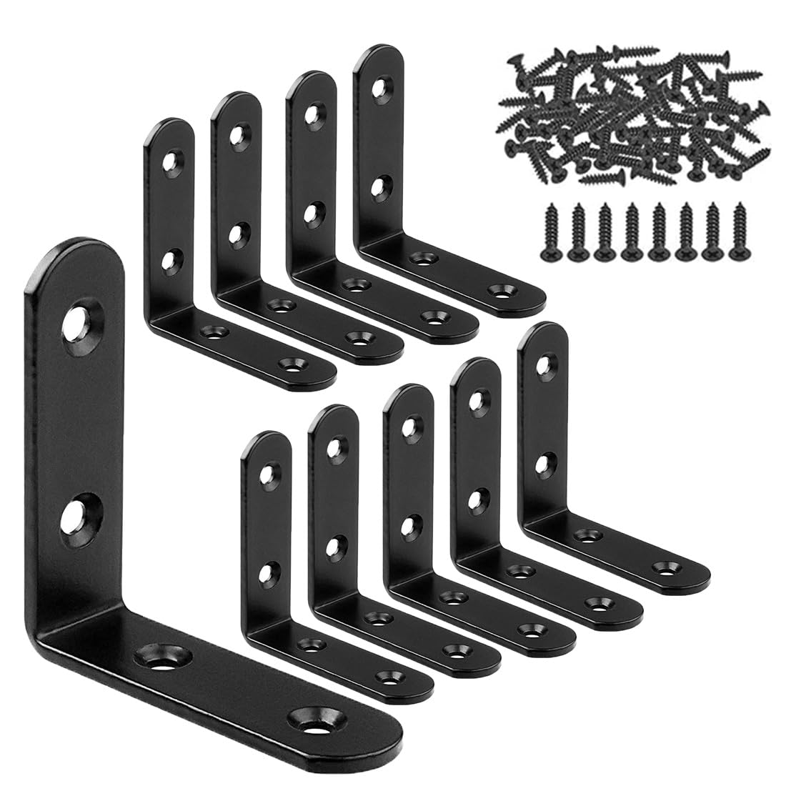 Photo 1 of GFORTUN 10PCS Black Metal Corner Angle Brackets 90 Degree Joint Fastener Flat L-Shape Shelf Support Corner Angle Braces Rustproof with Screws (65mmX 65mm X20mm)