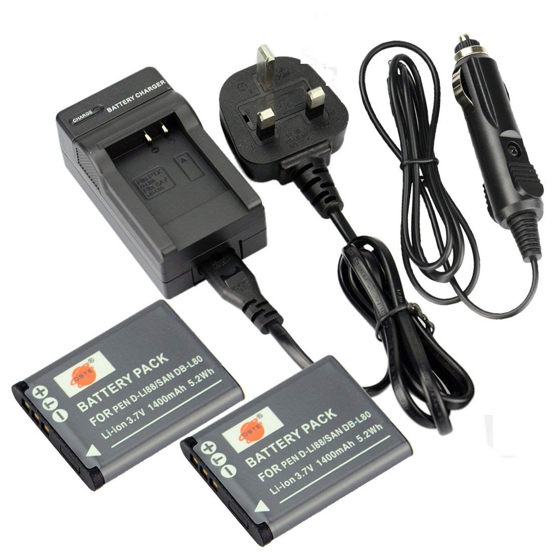 DSTE 2pcs D-LI88 Rechargeable Li-ion Battery + Charger DC89U for Pentax Optio H90, P70, P80, W90, WS80 Digatal Camera