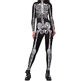 Roevite Halloween Bodysuits for Women Skeleton Jumpsuit Long Sleeve Halloween Costume Zip-up Skull One Piece Outfit