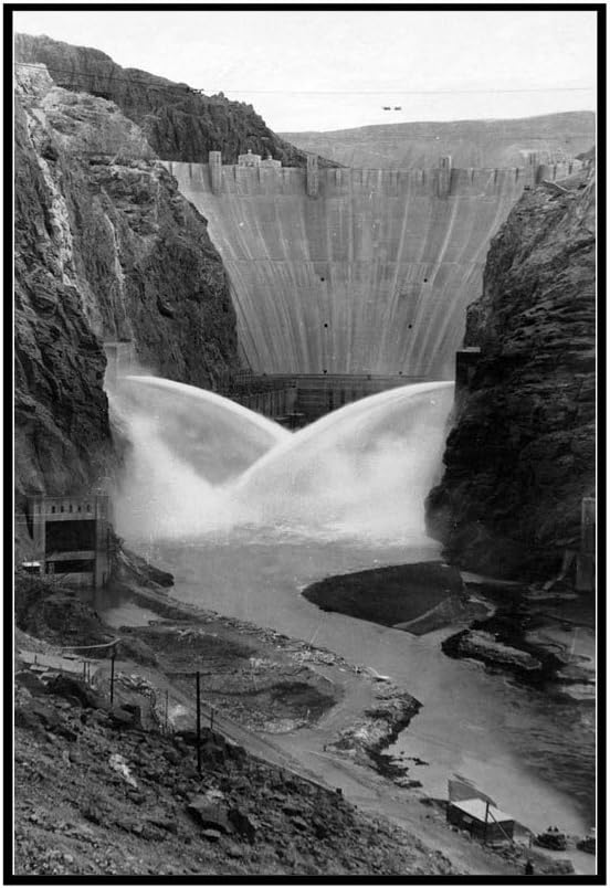 Hoover Dam, Nevada - View of the Dam Releasing Water (21 7/8x36 Framed Gallery Wrapped Stretched Canvas)