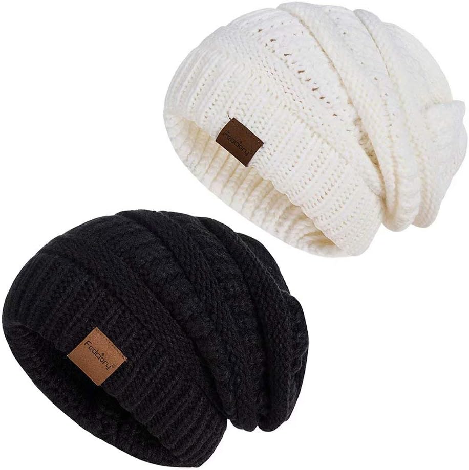 Womens Slouchy Beanie Hat, Winter Warm Knit Oversized Chunky Thick Soft Ski Cuff Cable Cap