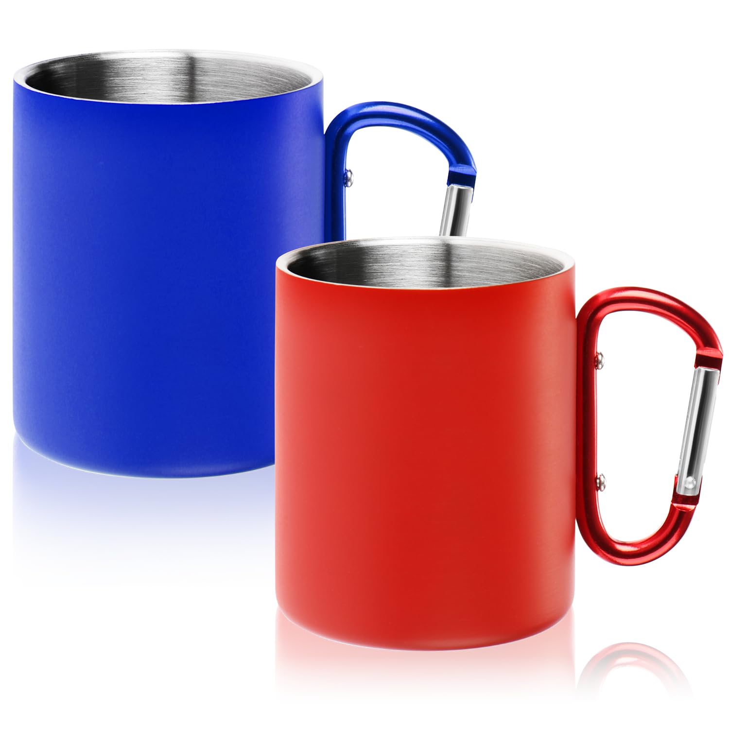 Robin Goods® 2X Stainless Steel Thermo Mug with Carabiner Handle - 350 ml per Coffee Mug - shatterproof Thermo Drinking Mug (2 Pieces - Blue/red - with snap Handle)