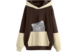 GOFLIC Sweatshirts for Women Trendy,Teen Girl Cute Cat Print Sweatshirt Long Sleeve Hoodies Color Block Hooded Fall Clothes