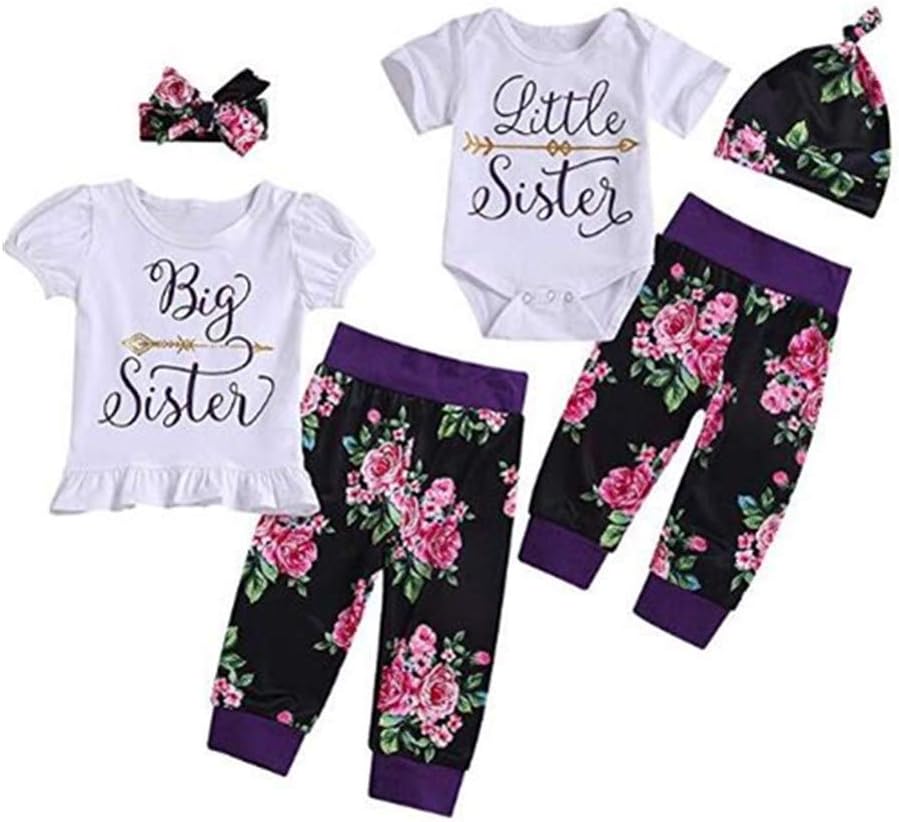 puseky Baby Girls Big Little Sister Matching Family Clothes Romper+Floral Pants+Headband Outfits Set