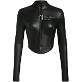 MakeMeChic Women's Leather Cropped Jacket Winter Y2K Long Sleeve Black Jacket Zip Up Outerwear Tops