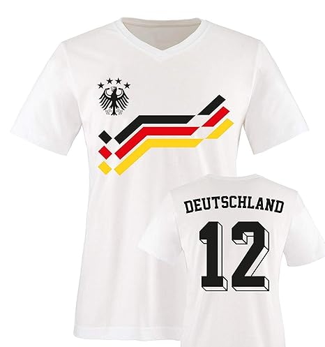 Herren Fußball T-Shirt bedruckbar - Wunschname & Nummer - WM/EM/Deutschland – V-Neck Shirt für Herren in Weiß - Deutschland R