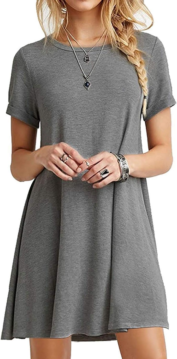 Women Mini Dresses Short Sleeve Casual Loose Tunic Round Neck Long Tshirt Mini Dress