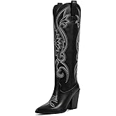 ISNOM Womens Cowboy Knee High Boots Cowgirl Boots Western Boots with Embroidered Pointed Toe Chunky Heel Slip on Retro Tall Boots