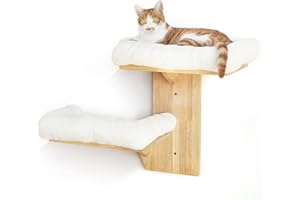FUKUMARU Cat Wall Shelves, 2 Platform Cats Walls Furniture, Tree Shape Kitten Floating Shelf with Soft Cushion Perch, Solid Rubber Wood for 16 Inch Drywall, Suitable for Climb, Play, Nap
