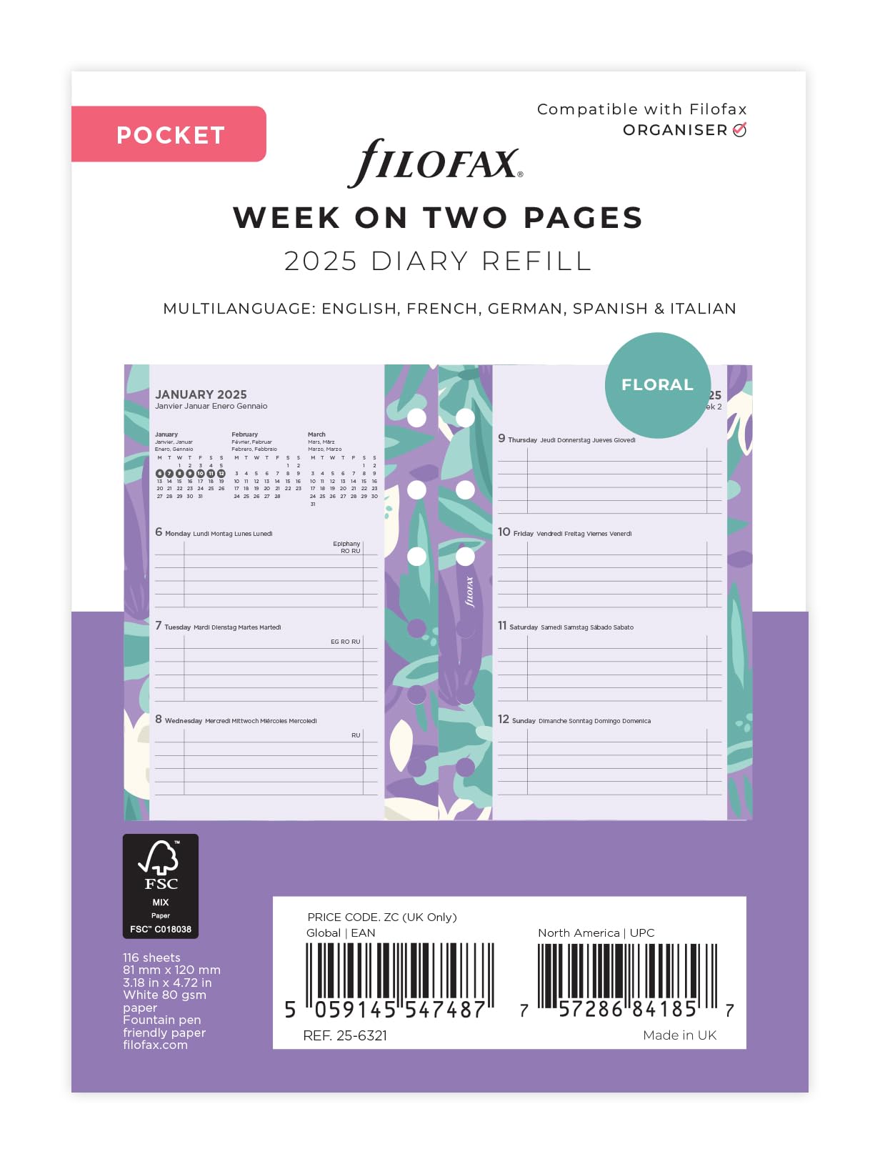 Pocket Illustrated Floral Week on 2 Pages Diary and Fill 2025