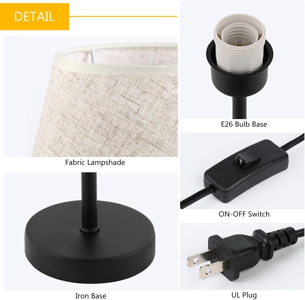 HAITRAL Bedside Table Lamps - Small Nightstand Lamps Set of 2 with Fabric Shade Bedside Desk Lamps for Bedroom, Living Room, Office, Kids Room, Girls Room, Dorm 15 Inches - Black: Home Improvement