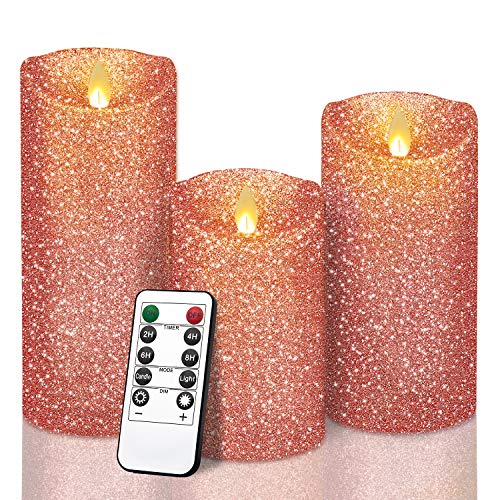 YINUO LIGHT Rose Gold Glitter Candles, Real Wax Flameless LED Pillar