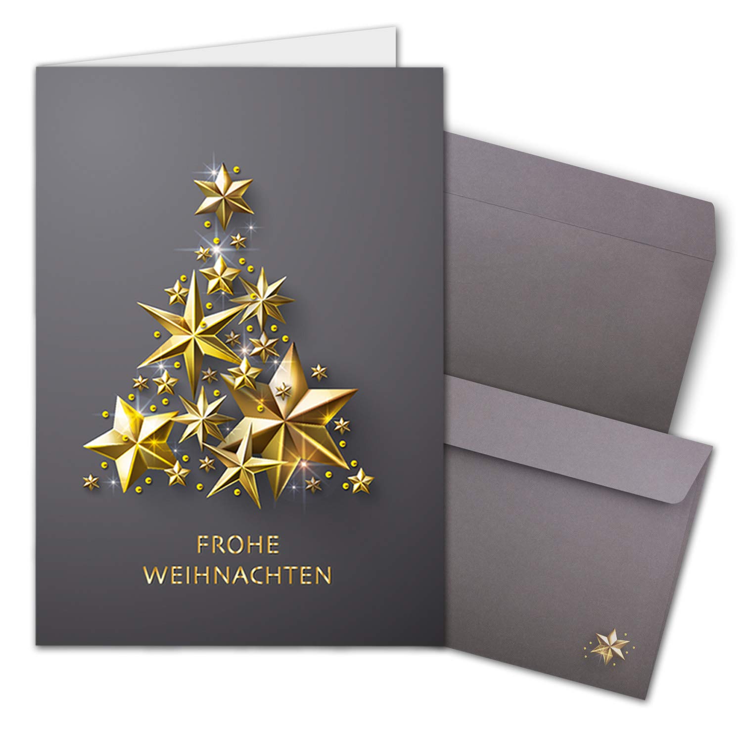 NEUSER PAPIER 100x Christmas card set DIN A6 in grey with golden Christmas tree made of stars Folding cards with matching envelopes Christmas greetings for companies and private individuals