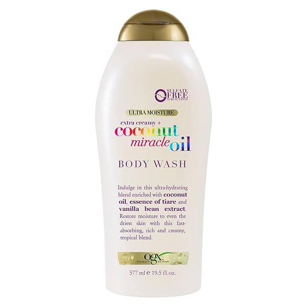 OGX EXTRA CREAMY + COCONUT MIRACLE OIL ULTRA MOISTURE BODY WASH, RICH SHOWER GEL FOR DRY SKIN INFUSED WITH COCONUT OIL, BODY WASH FOR WOMEN, SULFATE-FREE SURFACTANTS, 19.5 FL. OZ