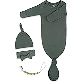 Newborn Baby Knotted Gown, Super Soft Silky Infant Long Sleeve Sleeper for Baby Girl and Boy Sleeping Bag with Mittens and Hat & Bowknot Set (Extra Long),Coming Home Outfit
