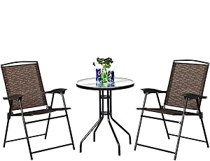 Goplus 3 Piece Bistro Set All Weather Patio Furniture Indoor & Outdoor Garden Round Table and Folding Chairs