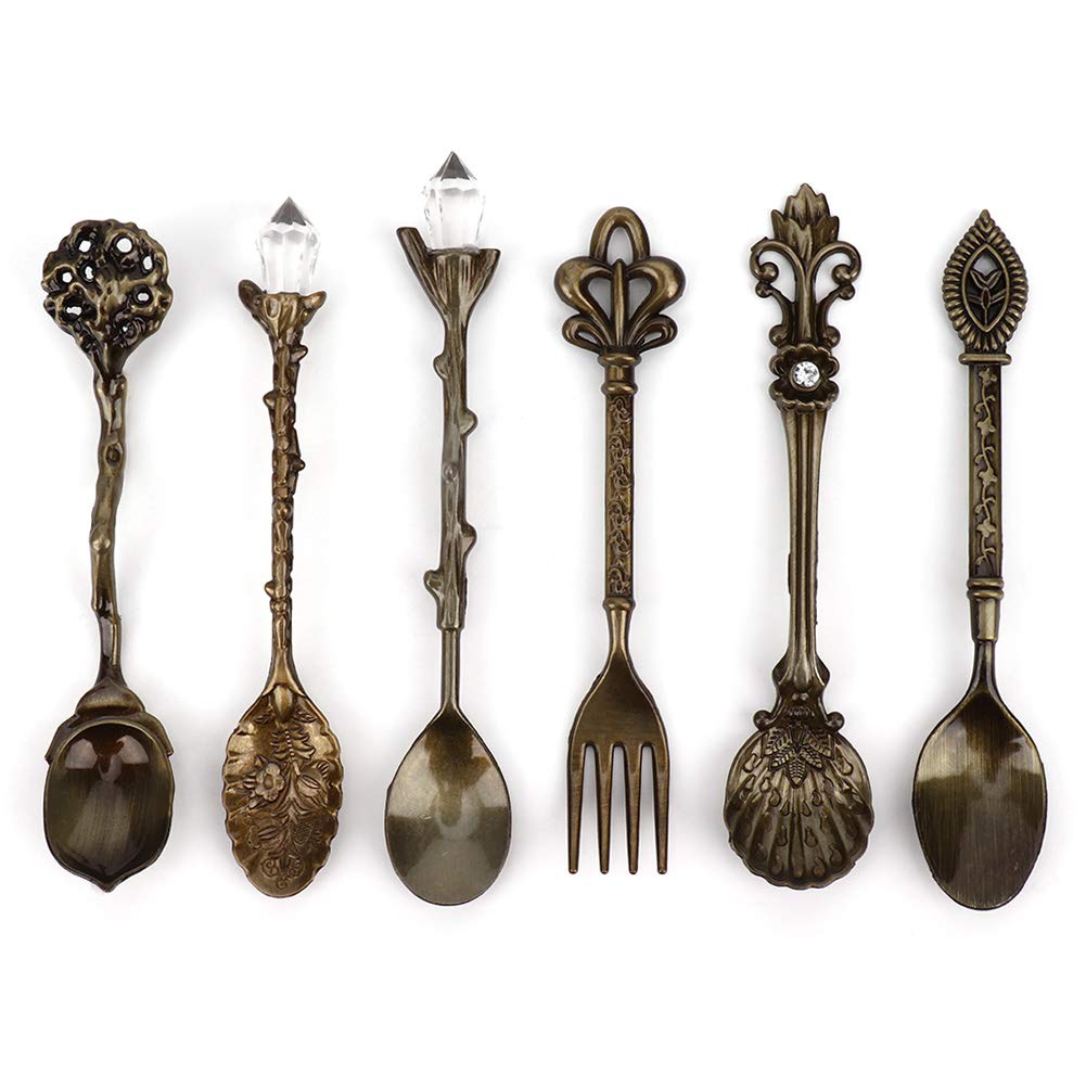 Photo 1 of Fdit 6Pcs/Set Vintage Carved Coffee Spoon Teaspoon Retro Zinc Alloy Dessert Coffee Tableware Spoons Cutlery Kitchen(Green Bronze)