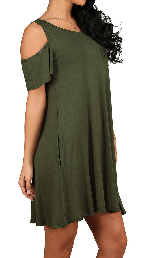 Women\'s Casual Plain Flowy Simple Swing T-shirt Loose Dress Army Green S