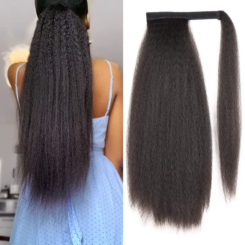 Long Afro Kinky Straight Ponytail Wrap Around Yaki Straight Pony Tails Extensions, Clip in Ponytail Extension, Magic Paste Ponytail for Black Women, Girls (#1B /natural black)