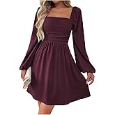 Floerns Women's Lantern Long Sleeve Mini Dress Square Neck Ruched A Line Dress
