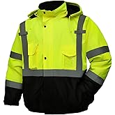 DPSAFETY Safety jacket for men,Reflective high Visibility Hooded jacket,Hi-Vis Bomber Jacket with Pockets and Zipper,Waterproof,Black Bottom,ANSI/ISEA 107-2020 Type R Class 3,Lime