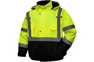 DPSAFETY Safety jacket for men,Reflective high Visibility Hooded jacket,Hi-Vis Bomber Jacket with Pockets and Zipper,Waterproof,Black Bottom,ANSI/ISEA 107-2020 Type R Class 3,Lime