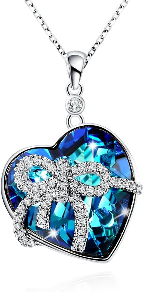 Ocean Heart Sterling Silver Necklace Pendant Blue Crystal Fashion Gift for Women