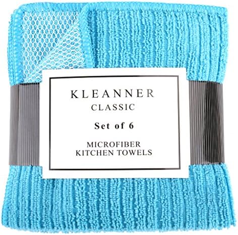 Kleanner Premium Microfiber Vertical Stripes Kitchen Dish Towel With Poly Scour Side,Double Side Scrubber Rags Cloth,Absorbent and Fast Dry, Size: 12"x12" (W X L), 6 Pack/Set - Blue