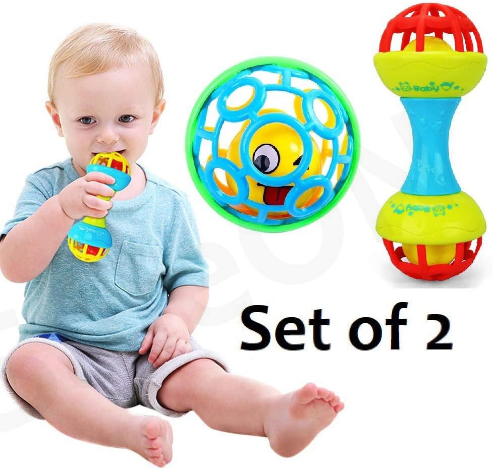 SaleON Set of 2 Baby Hand Bell Shaker Dumbbell Rattles Sound Grasp Teether Ball Finger Flexibility Exercise Children Early Educational Toy (2pc) -1314