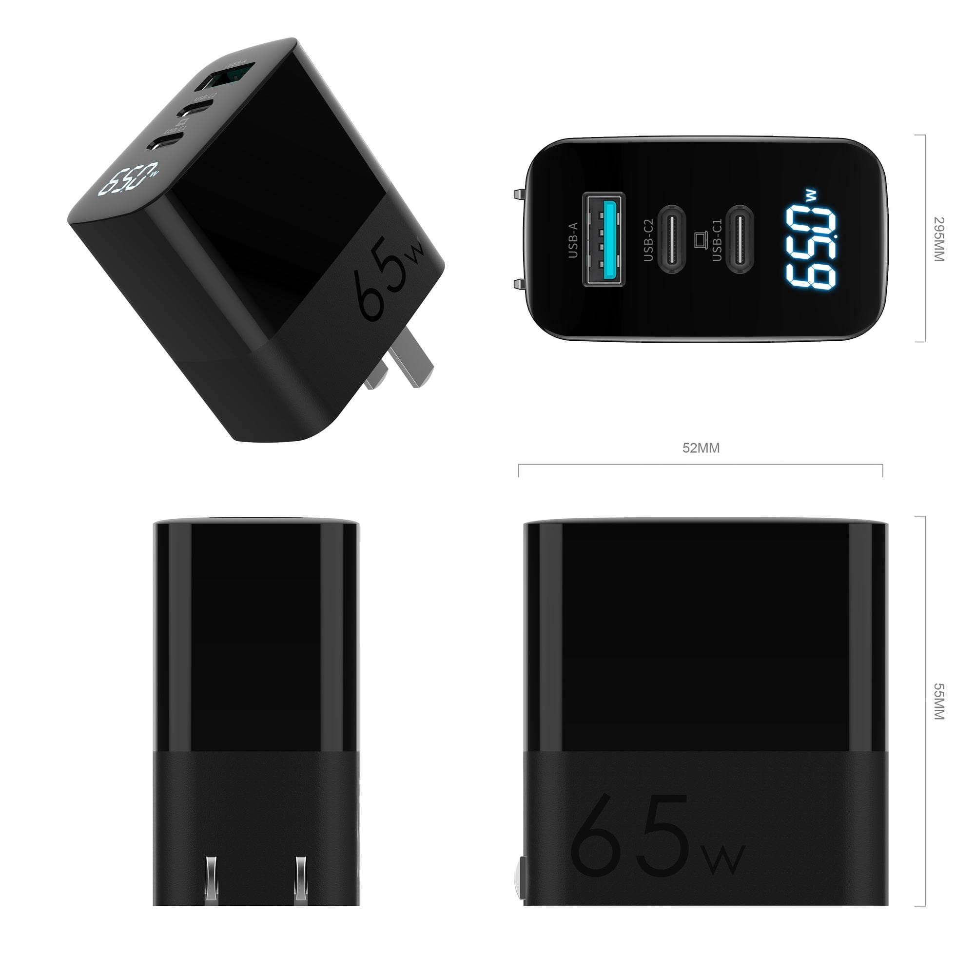 BoxWave Charger Compatible with Amazon Kindle Paperwhite Kids - PowerDisplay PD Wall Charger (65W), GaN 65W Powerful Charger Folding Plug Display - Jet Black