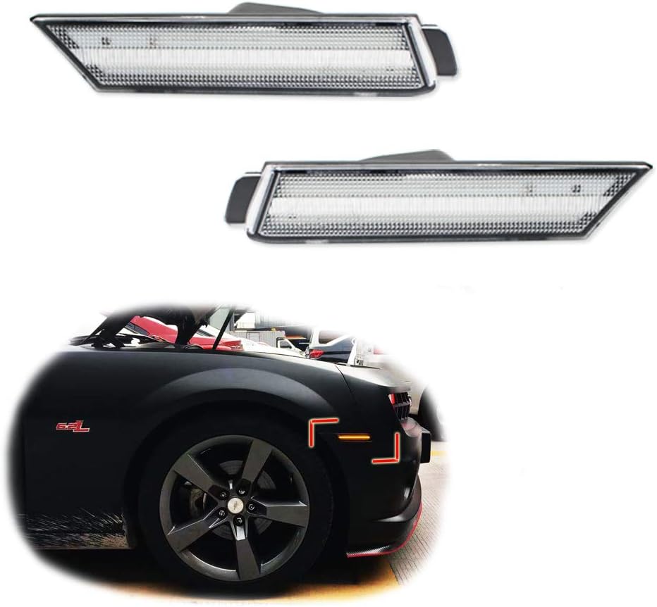 GTINTHEBOX 2PCS 3D Clear Lens Amber 24-SMD LED Front Bumper Side Marker Lights Lamps Replacement Kit For 2010 2011 2012 2013 2014 2015 Chevy Camaro