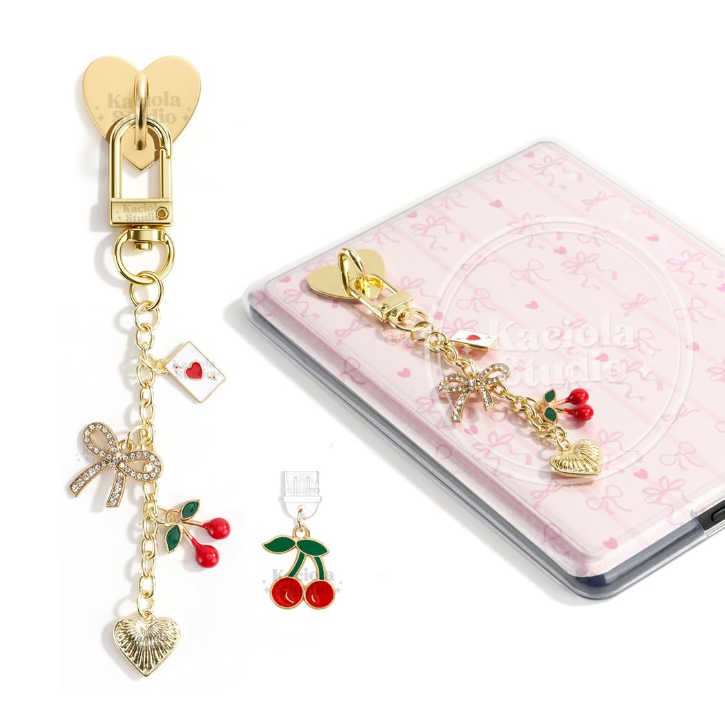 Kaciola Charm Chains for Kindle, Cherry Bow Heart Pendant Cute E-reader Phone Charm Bracelets Accessories Gift for Reader Booklovers Women Men, Charms Compatible for Kindle/E-Reader/Phone (A06)